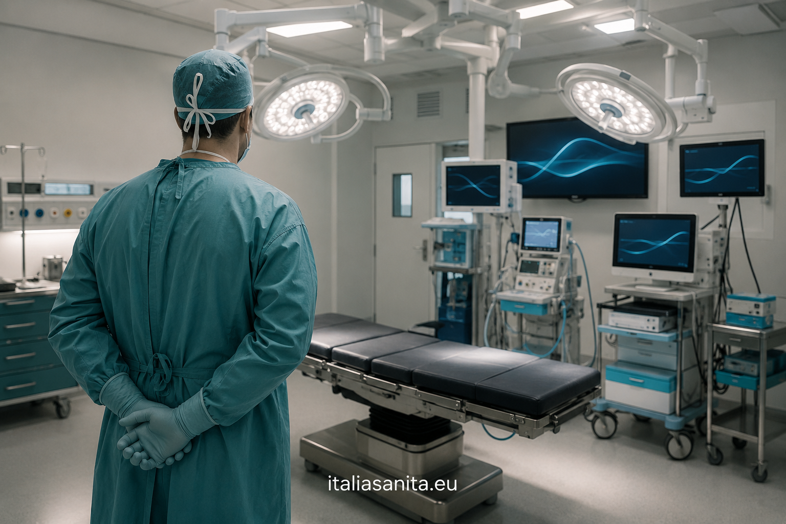 Sala operatoria illustrativa con personale sanitario ripreso di spalle