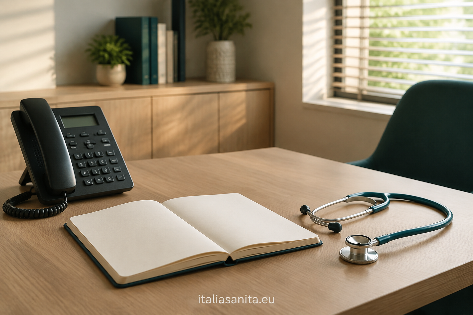 Telefono e agenda in una scena ambulatoriale illustrativa